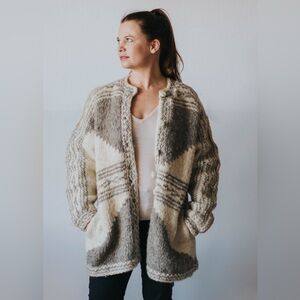 Vintage Chunky Wool Knit Sweater Jacket Coatigan | Satin Lined | L/XL